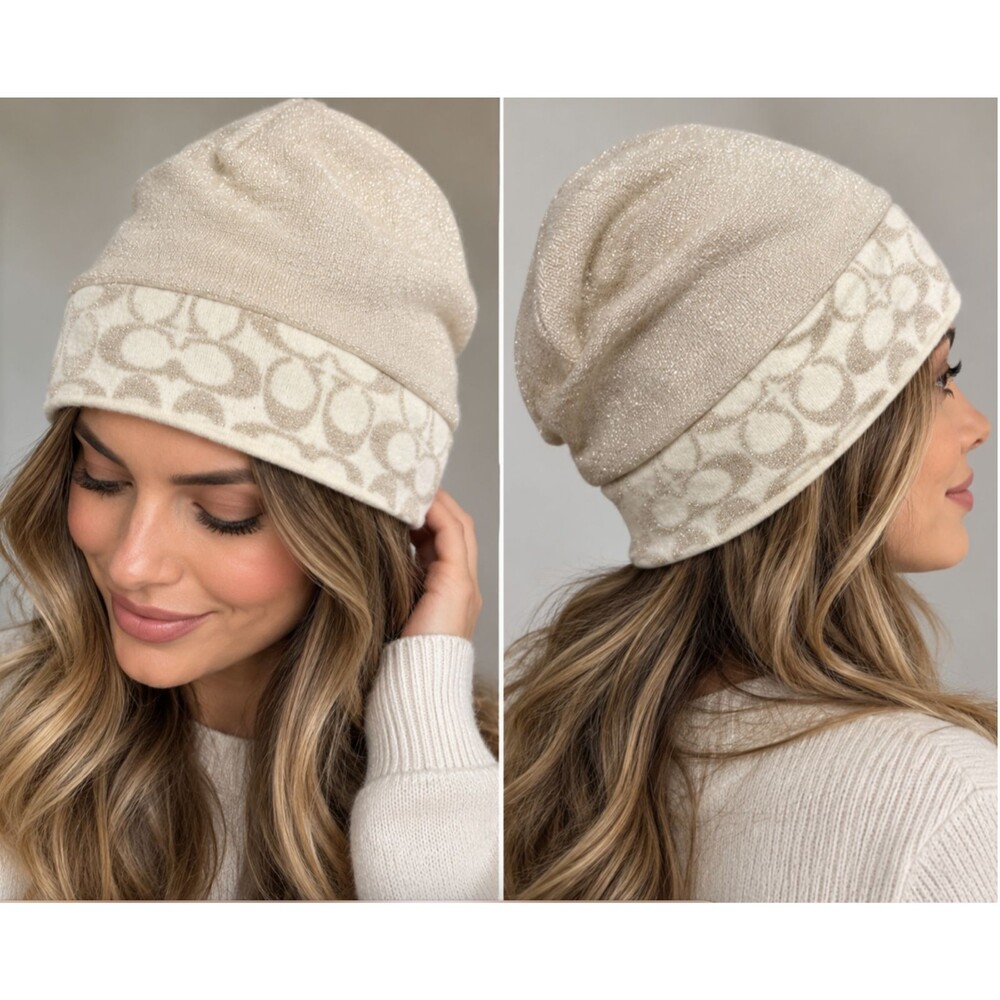 Coach Women’s O/S Signature C Logo Wool Blend Metallic Shimmer Knit Beanie Hat